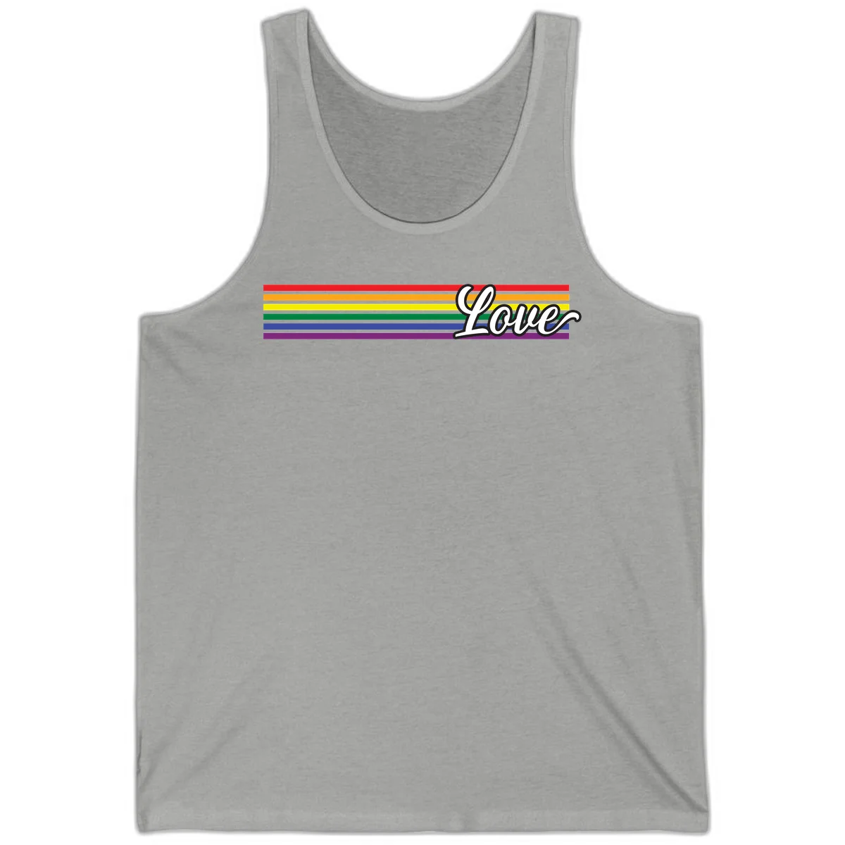 Love pride rainbow design with horizontal stripes in red, orange, yellow, green, blue, and purple with white outlined text in Athletic Heather