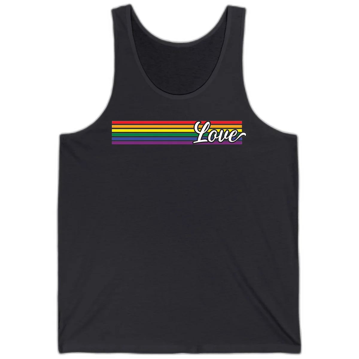 Love pride rainbow design with horizontal stripes in red, orange, yellow, green, blue, and purple with white outlined text in Dark Grey