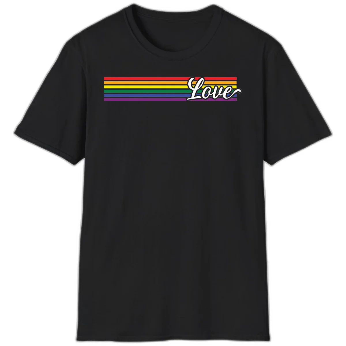Love pride rainbow design with horizontal stripes in red, orange, yellow, green, blue, and purple with white outlined text in Black
