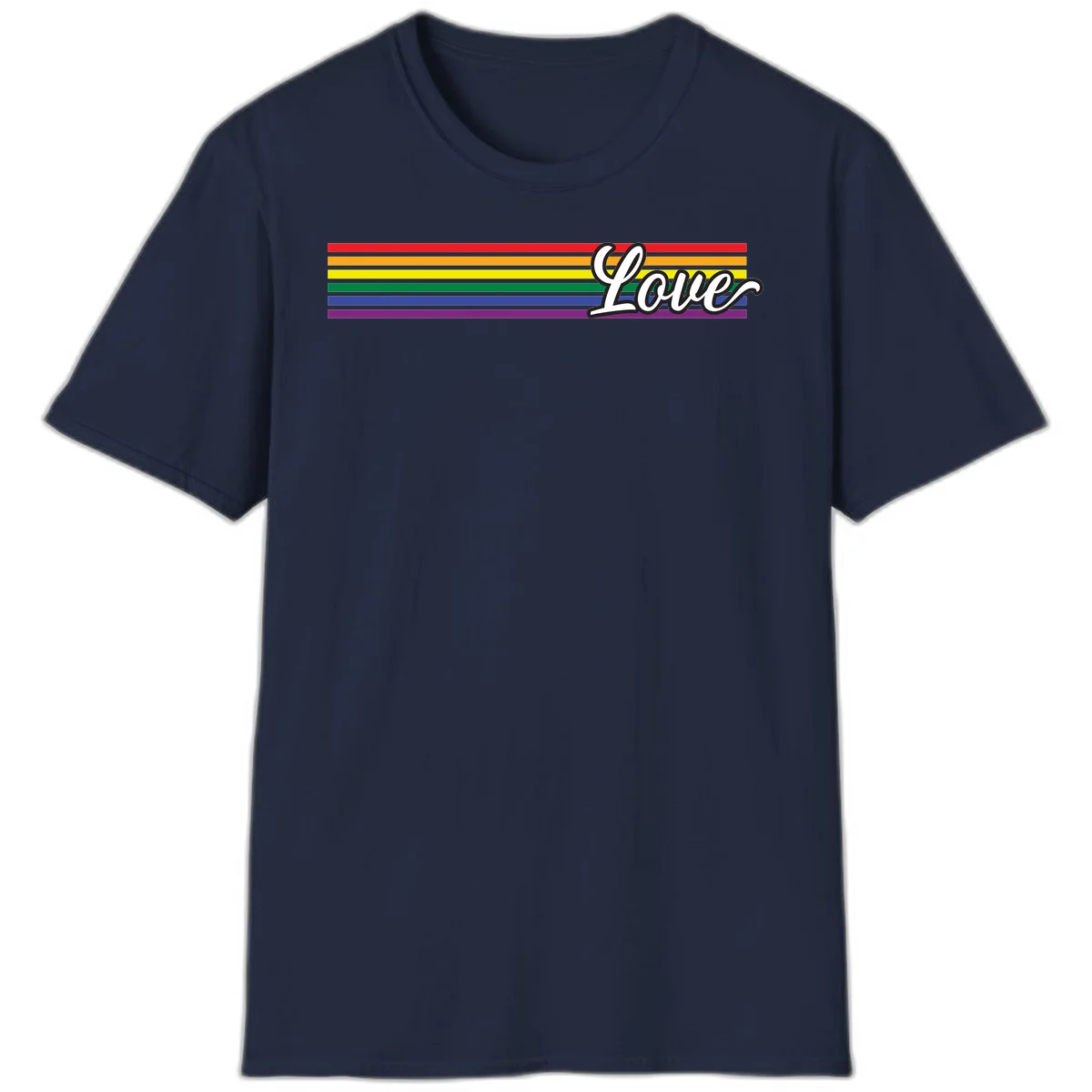 Love pride rainbow design with horizontal stripes in red, orange, yellow, green, blue, and purple with white outlined text in Navy