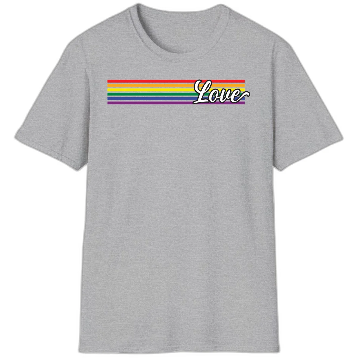 Love pride rainbow design with horizontal stripes in red, orange, yellow, green, blue, and purple with white outlined text in Sport Grey