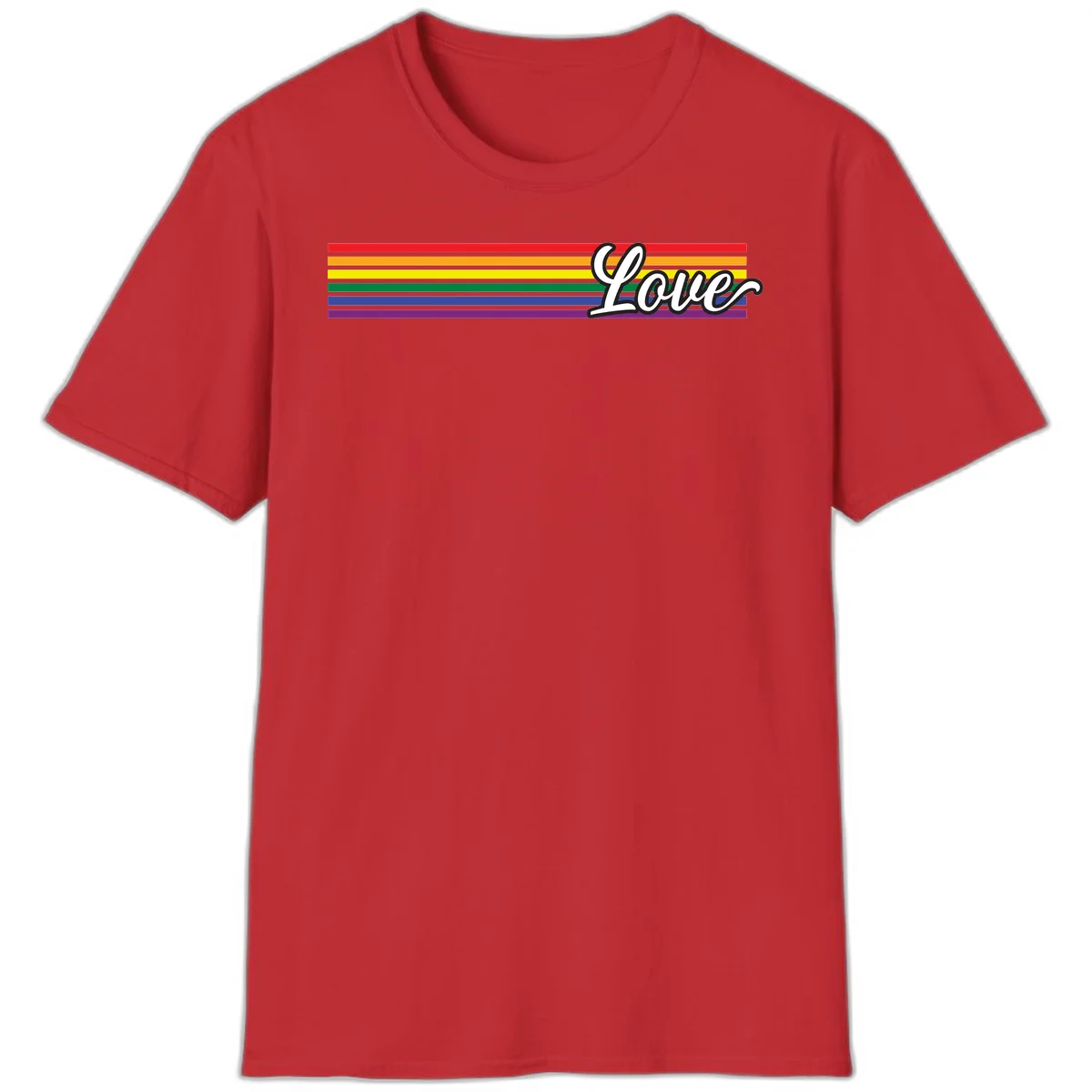 Love pride rainbow design with horizontal stripes in red, orange, yellow, green, blue, and purple with white outlined text in Red