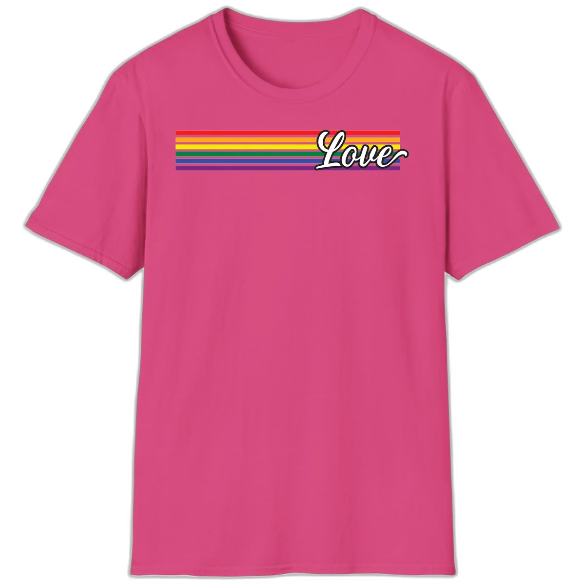 Love pride rainbow design with horizontal stripes in red, orange, yellow, green, blue, and purple with white outlined text in Heliconia