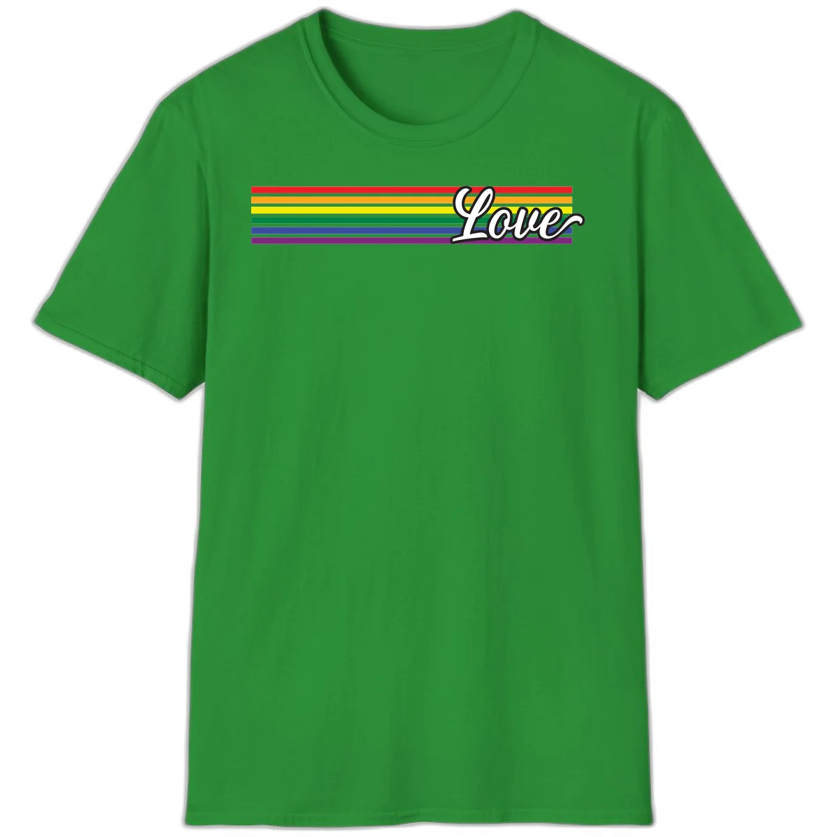Love pride rainbow design with horizontal stripes in red, orange, yellow, green, blue, and purple with white outlined text in Irish Green