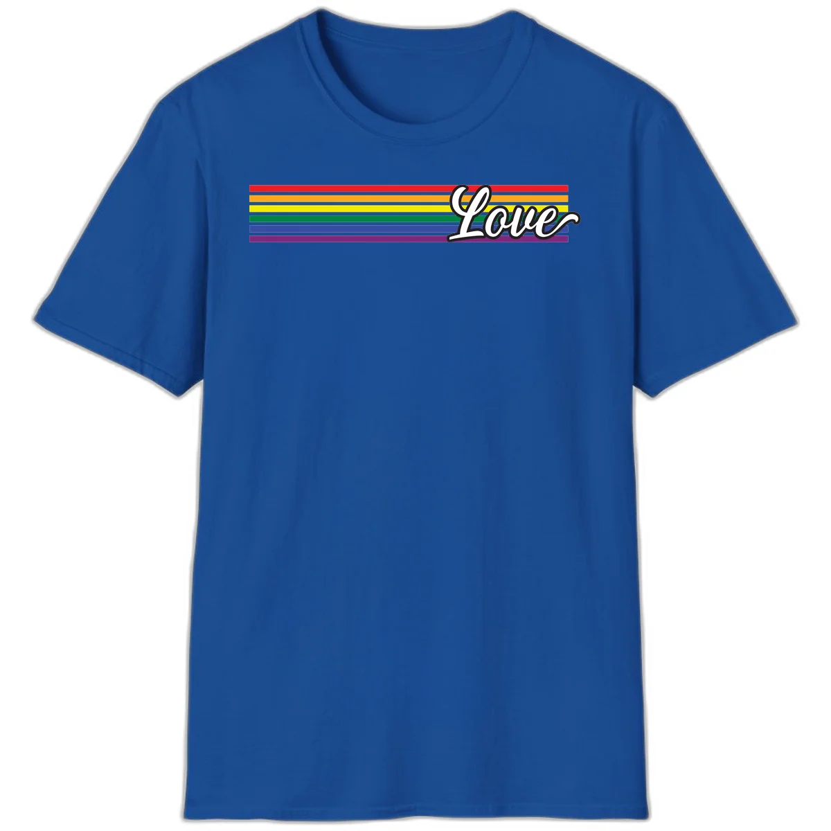 Love pride rainbow design with horizontal stripes in red, orange, yellow, green, blue, and purple with white outlined text in Royal