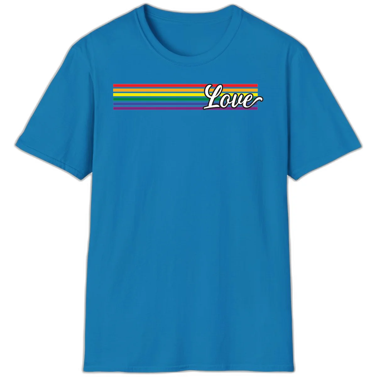 Love pride rainbow design with horizontal stripes in red, orange, yellow, green, blue, and purple with white outlined text in Sapphire