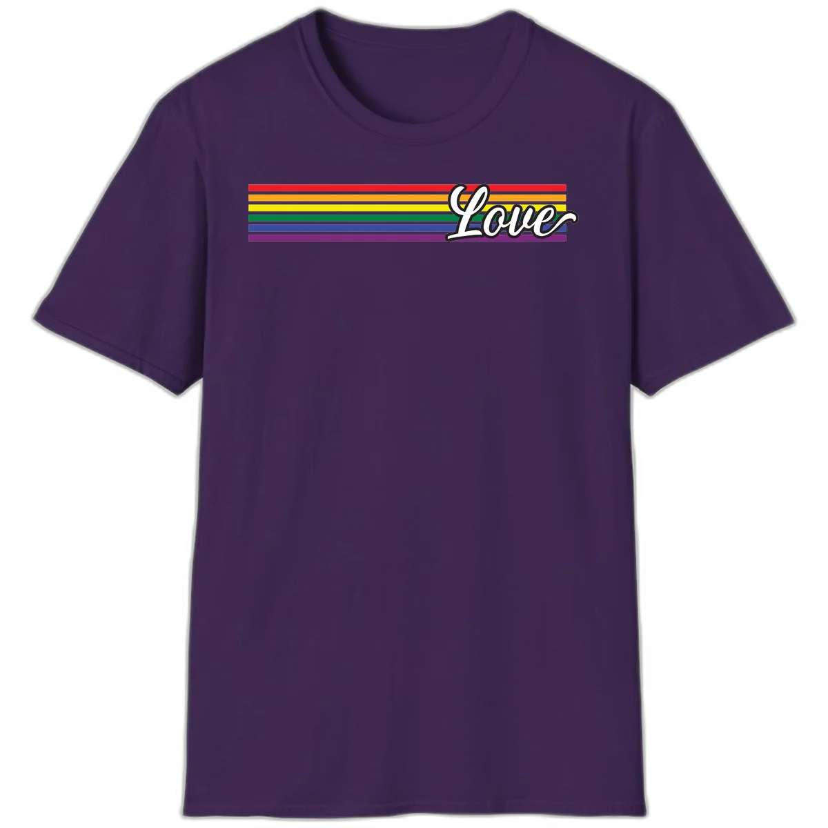 Love pride rainbow design with horizontal stripes in red, orange, yellow, green, blue, and purple with white outlined text in Purple