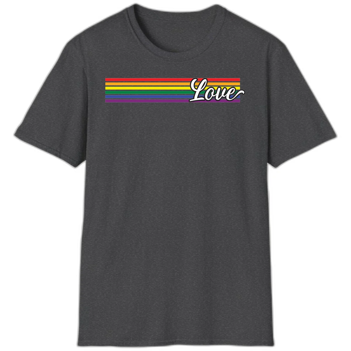 Love pride rainbow design with horizontal stripes in red, orange, yellow, green, blue, and purple with white outlined text in Dark Heather