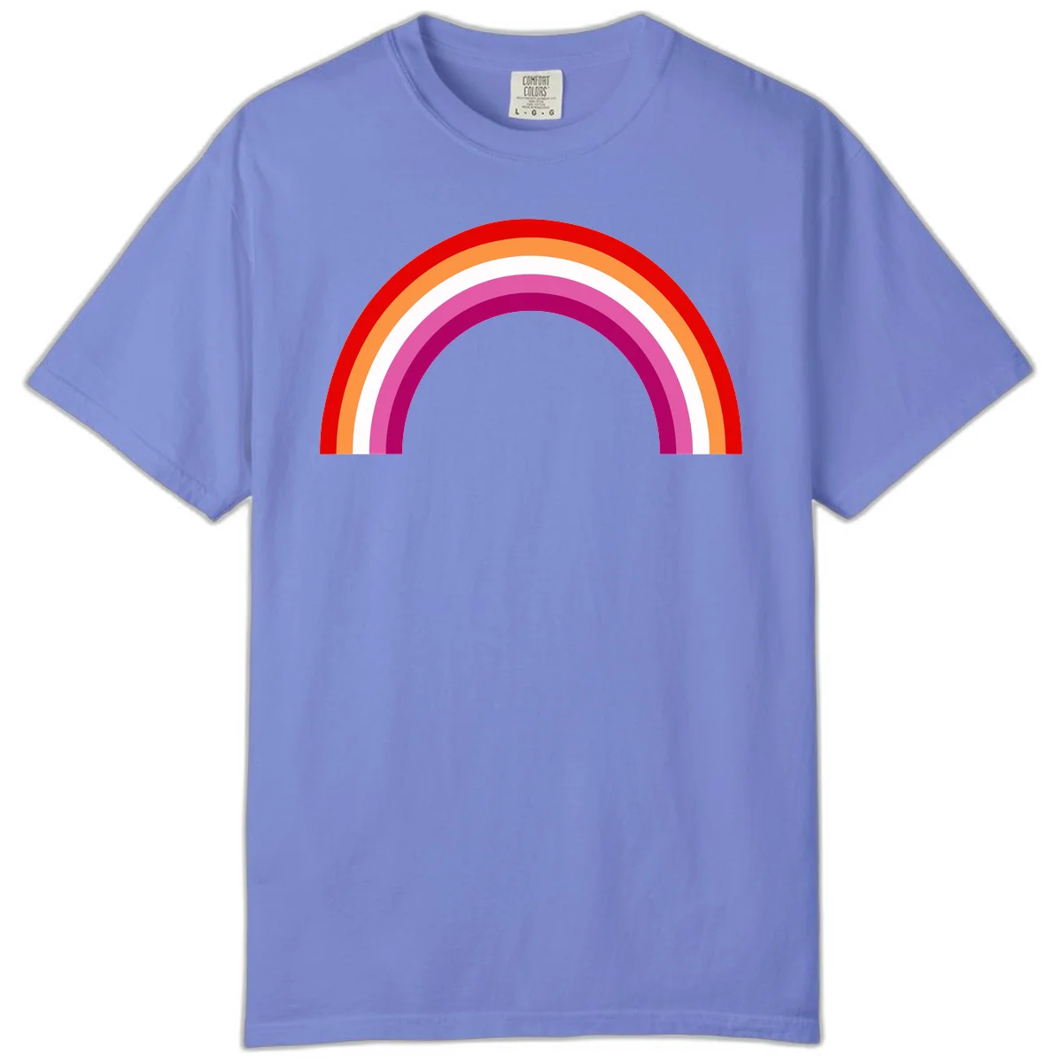 Modern pride rainbow arc with concentric curved stripes in red, orange, white, pink, and magenta colors in Flo Blue