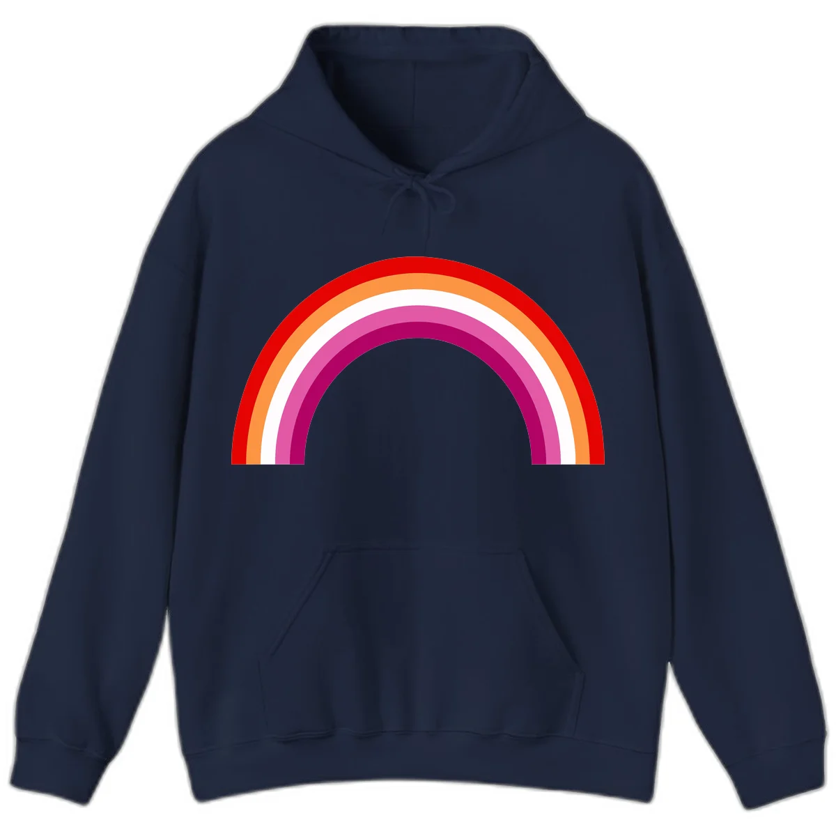 Modern pride rainbow arc with concentric curved stripes in red, orange, white, pink, and magenta colors in Navy