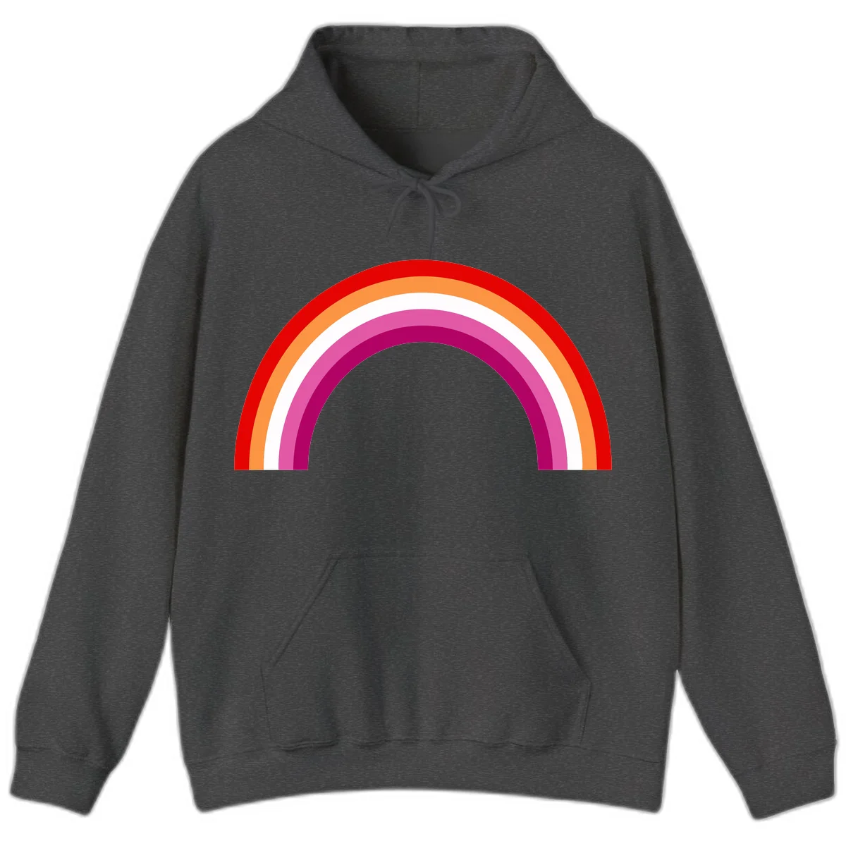 Modern pride rainbow arc with concentric curved stripes in red, orange, white, pink, and magenta colors in Dark Heather