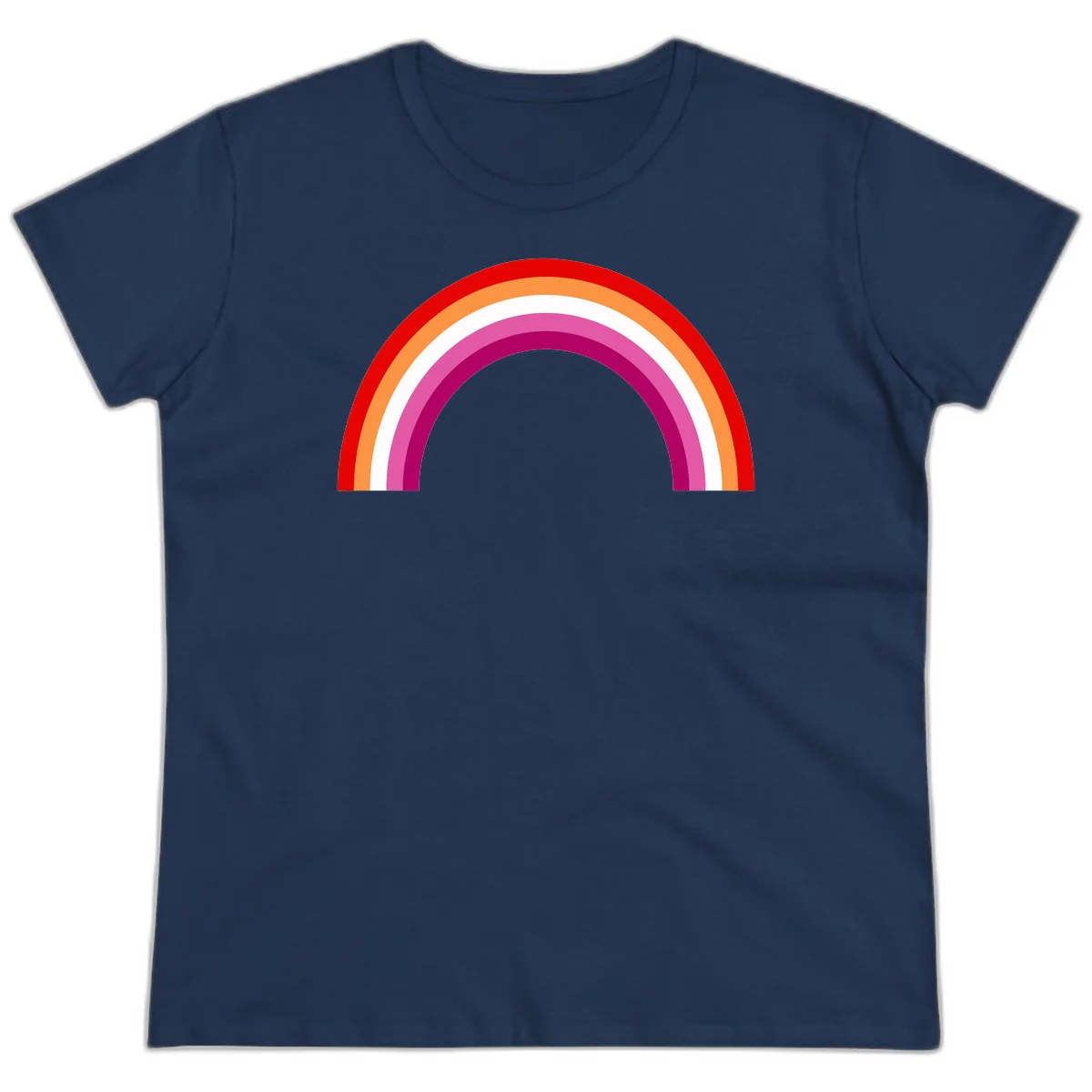 Modern pride rainbow arc with concentric curved stripes in red, orange, white, pink, and magenta colors in Navy