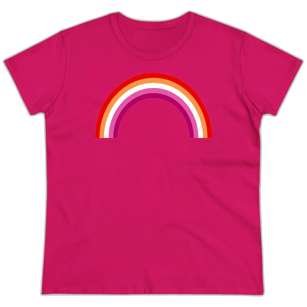 Modern pride rainbow arc with concentric curved stripes in red, orange, white, pink, and magenta colors in Heliconia