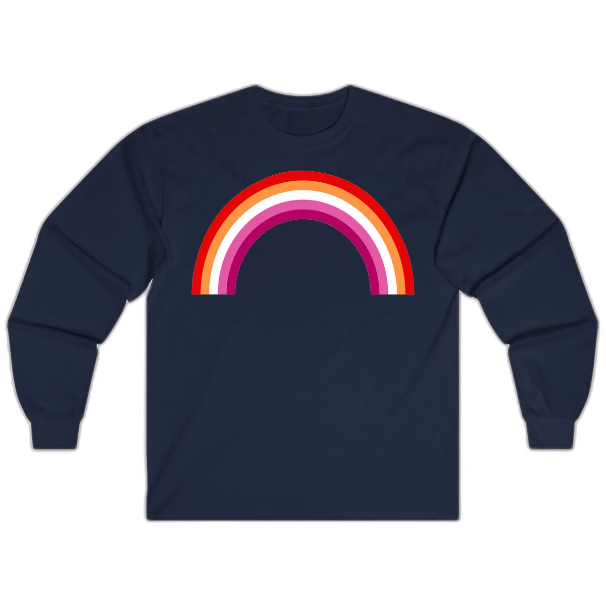 Modern pride rainbow arc with concentric curved stripes in red, orange, white, pink, and magenta colors in Navy