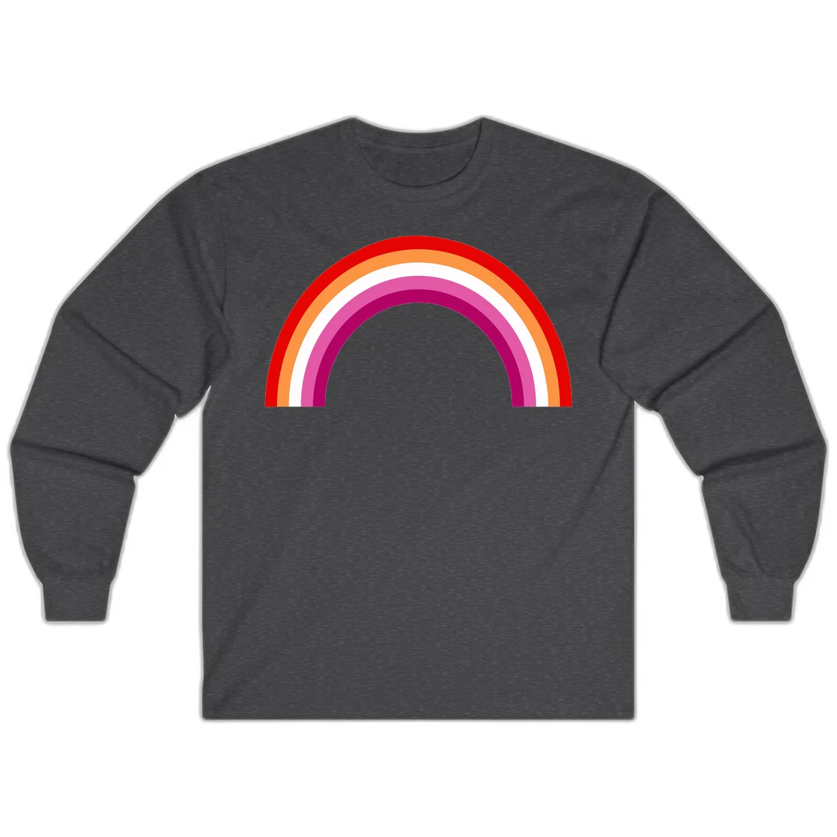 Modern pride rainbow arc with concentric curved stripes in red, orange, white, pink, and magenta colors in Dark Heather