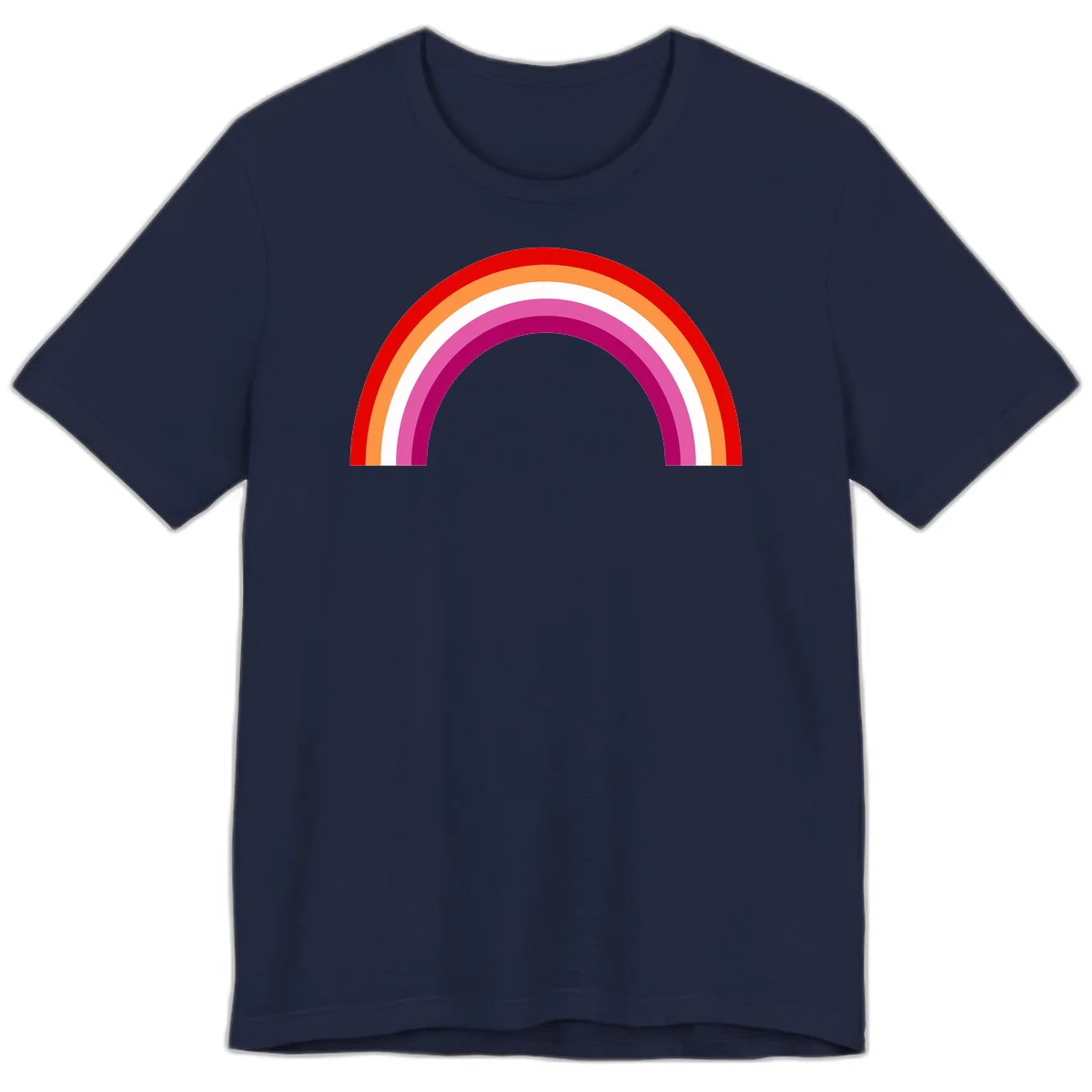 Modern pride rainbow arc with concentric curved stripes in red, orange, white, pink, and magenta colors in Navy