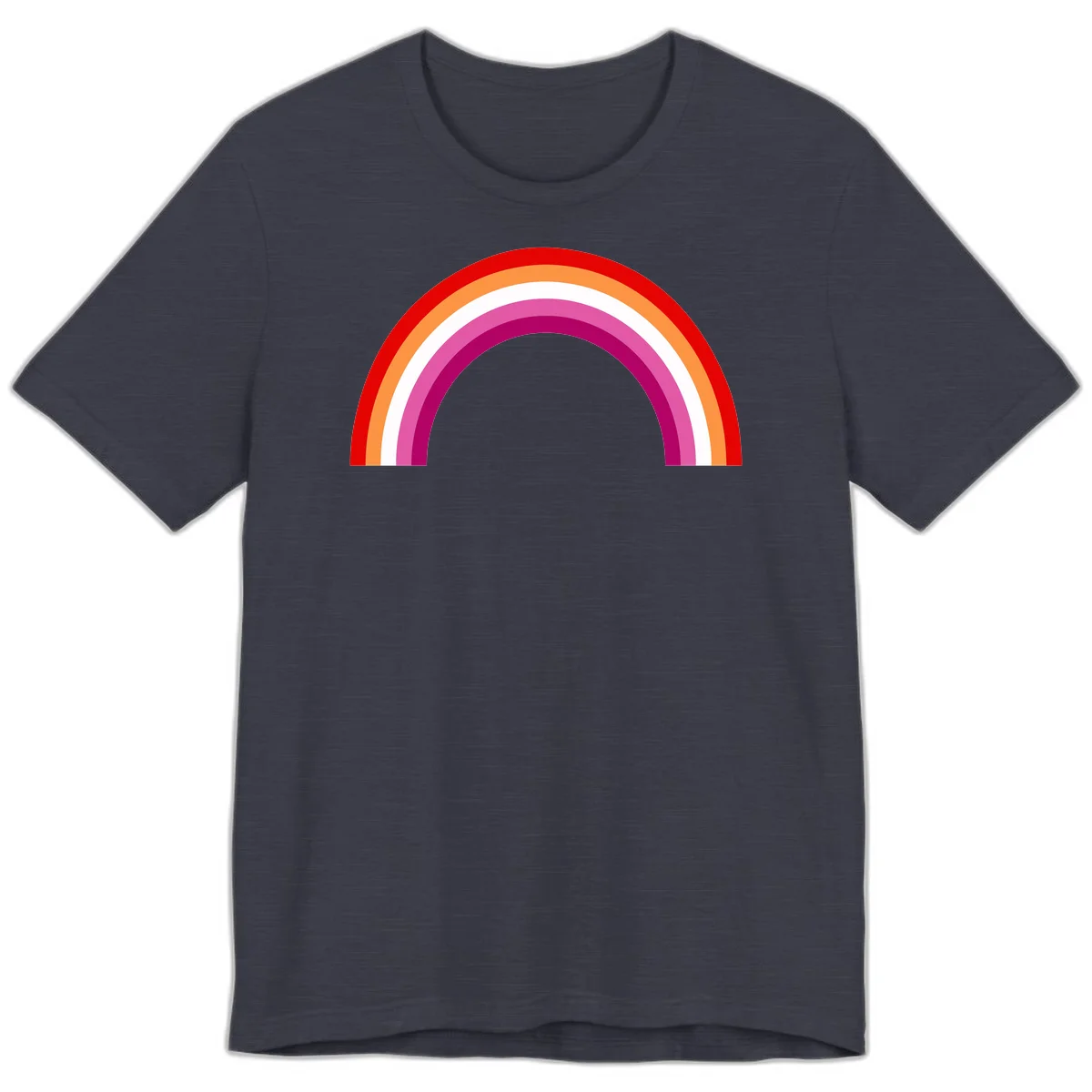 Modern pride rainbow arc with concentric curved stripes in red, orange, white, pink, and magenta colors in Heather Midnight Navy
