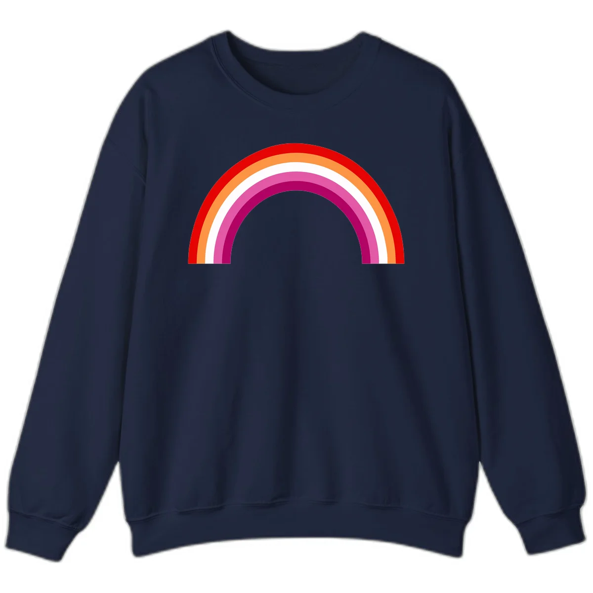 Modern pride rainbow arc with concentric curved stripes in red, orange, white, pink, and magenta colors in Navy