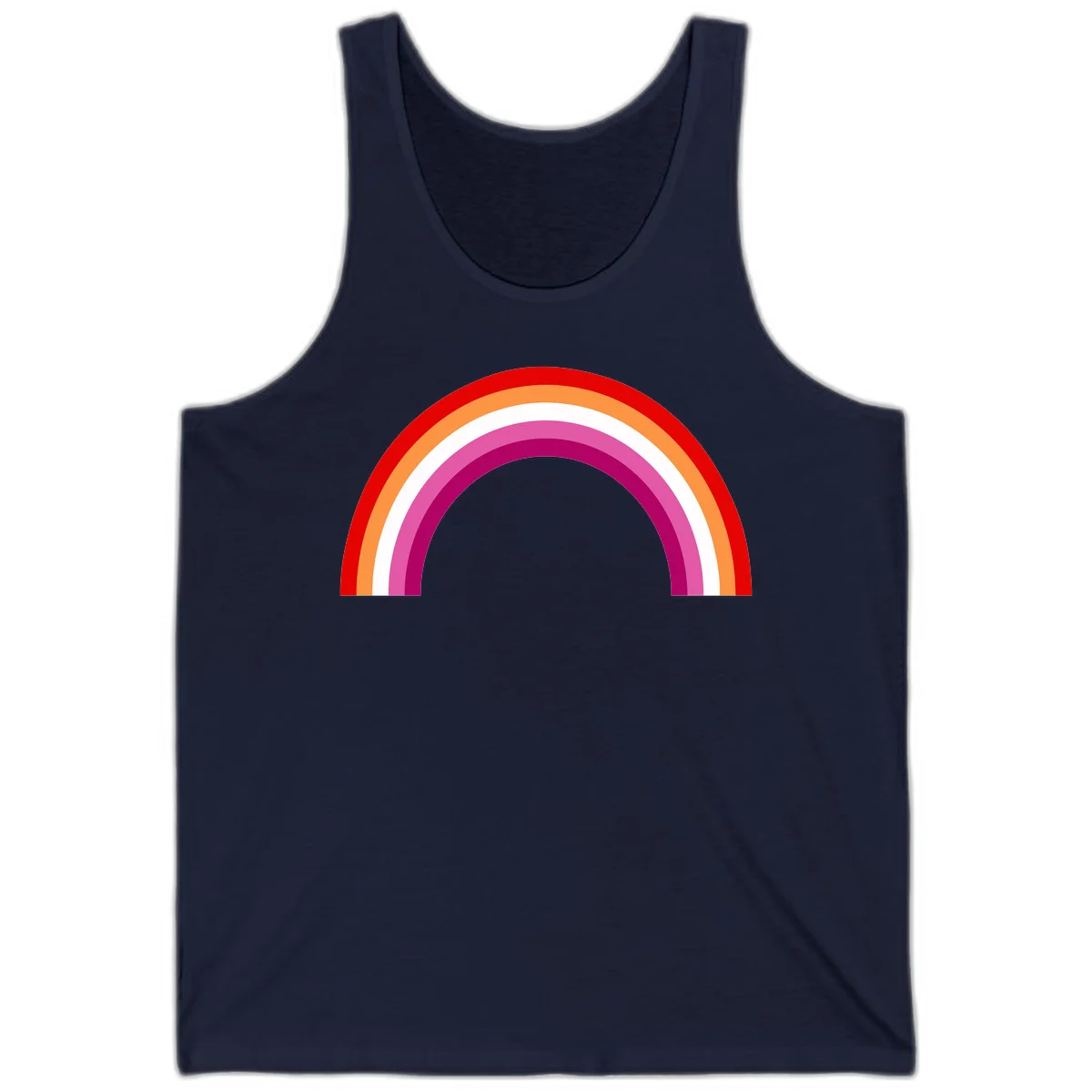 Modern pride rainbow arc with concentric curved stripes in red, orange, white, pink, and magenta colors in Navy