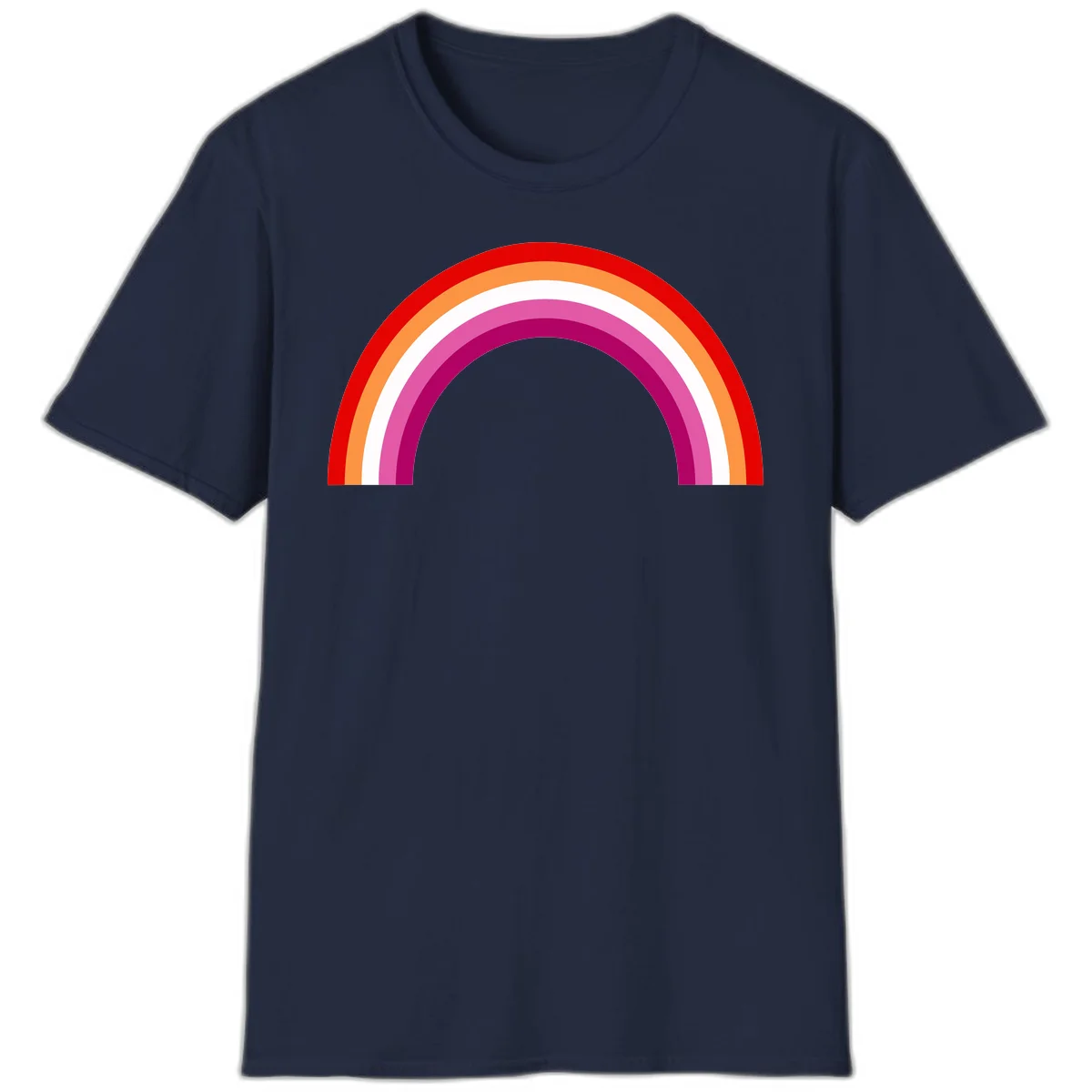 Modern pride rainbow arc with concentric curved stripes in red, orange, white, pink, and magenta colors in Navy