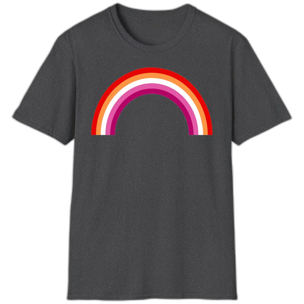 Modern pride rainbow arc with concentric curved stripes in red, orange, white, pink, and magenta colors in Dark Heather