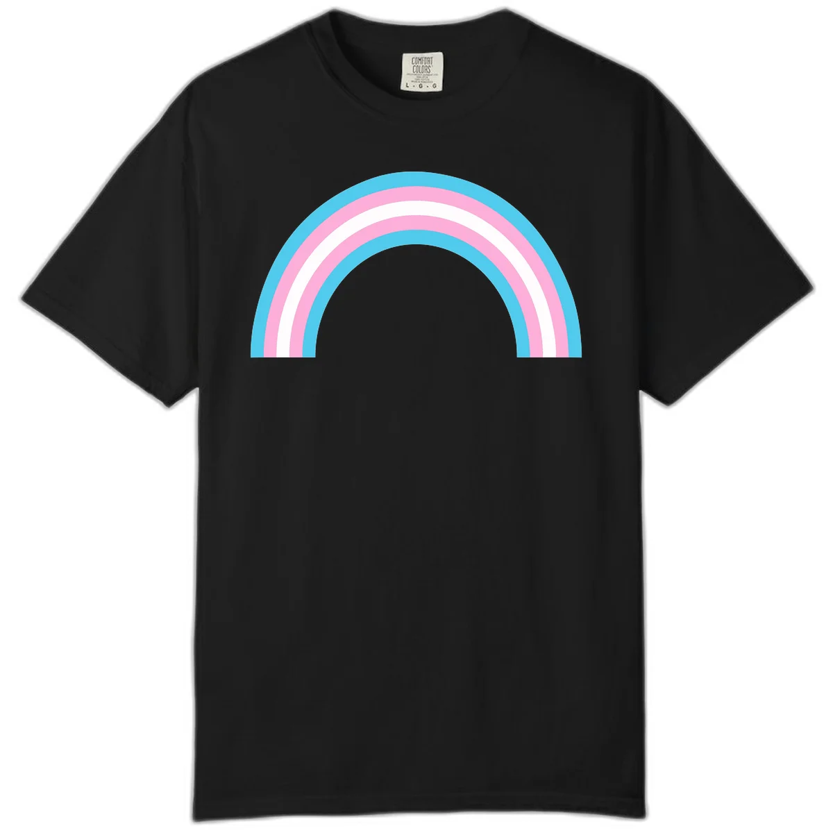 Pastel rainbow arch with five concentric bands in cyan, pink, and white on gray background in Black