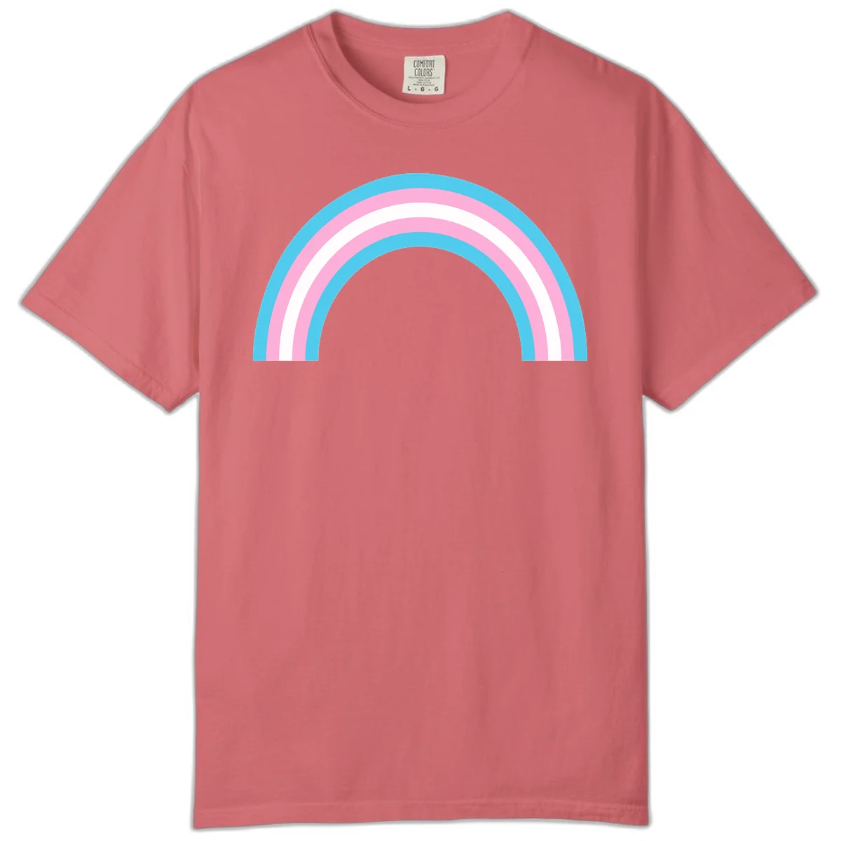 Pastel rainbow arch with five concentric bands in cyan, pink, and white on gray background in Watermelon