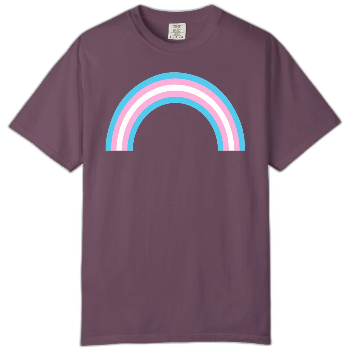 Pastel rainbow arch with five concentric bands in cyan, pink, and white on gray background in Berry