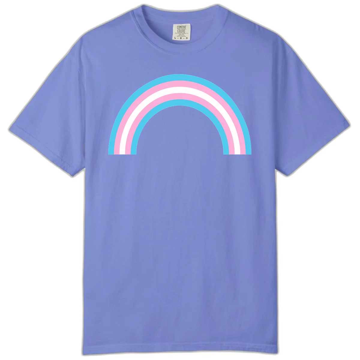 Pastel rainbow arch with five concentric bands in cyan, pink, and white on gray background in Flo Blue