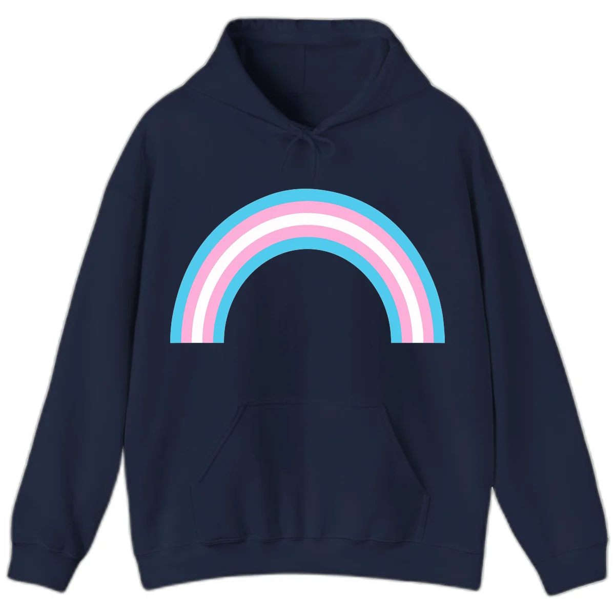 Pastel rainbow arch with five concentric bands in cyan, pink, and white on gray background in Navy