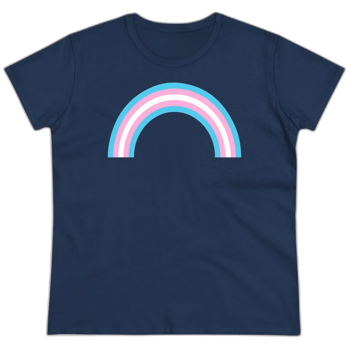 Pastel rainbow arch with five concentric bands in cyan, pink, and white on gray background in Navy