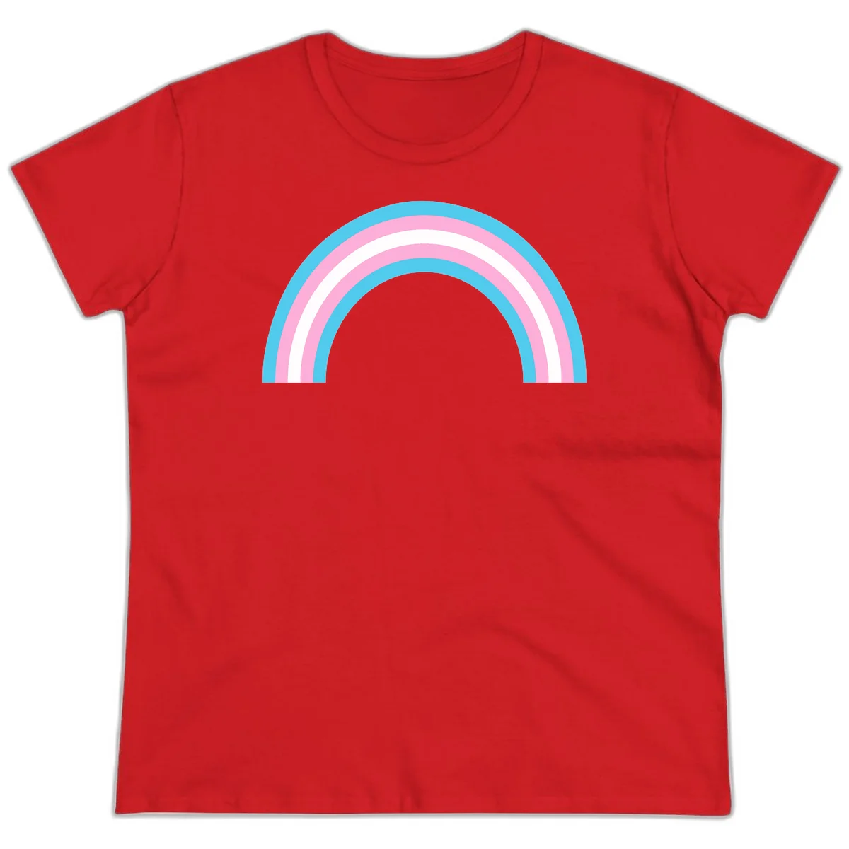 Pastel rainbow arch with five concentric bands in cyan, pink, and white on gray background in Red