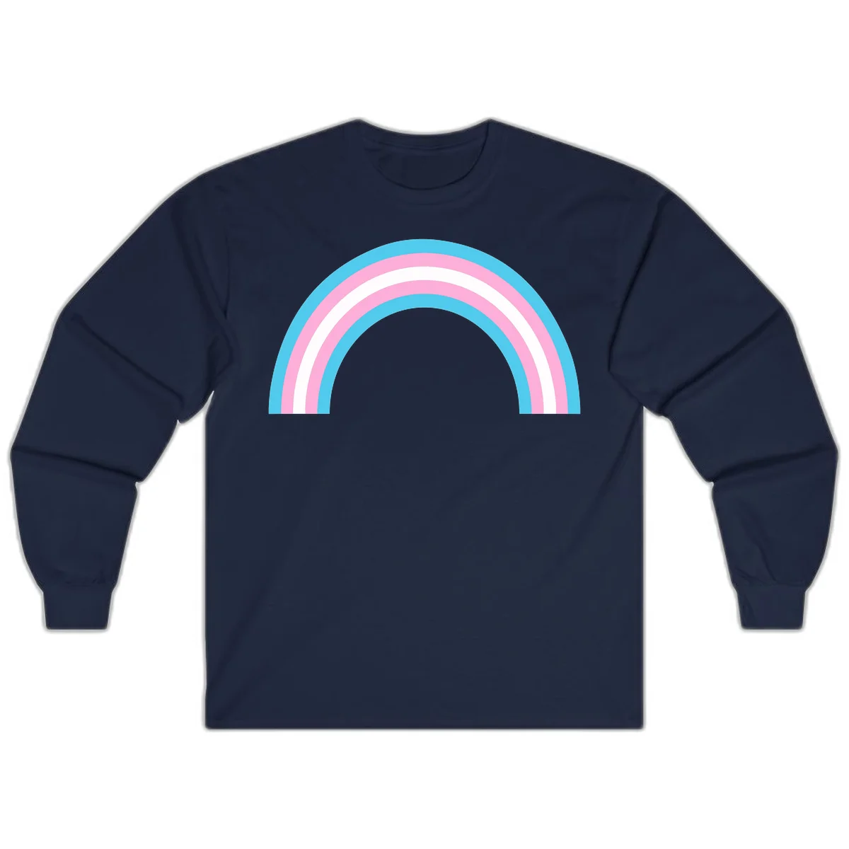 Pastel rainbow arch with five concentric bands in cyan, pink, and white on gray background in Navy