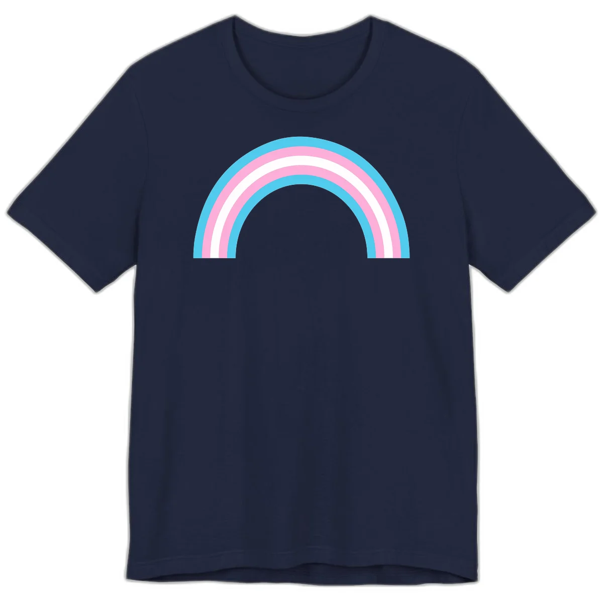 Pastel rainbow arch with five concentric bands in cyan, pink, and white on gray background in Navy