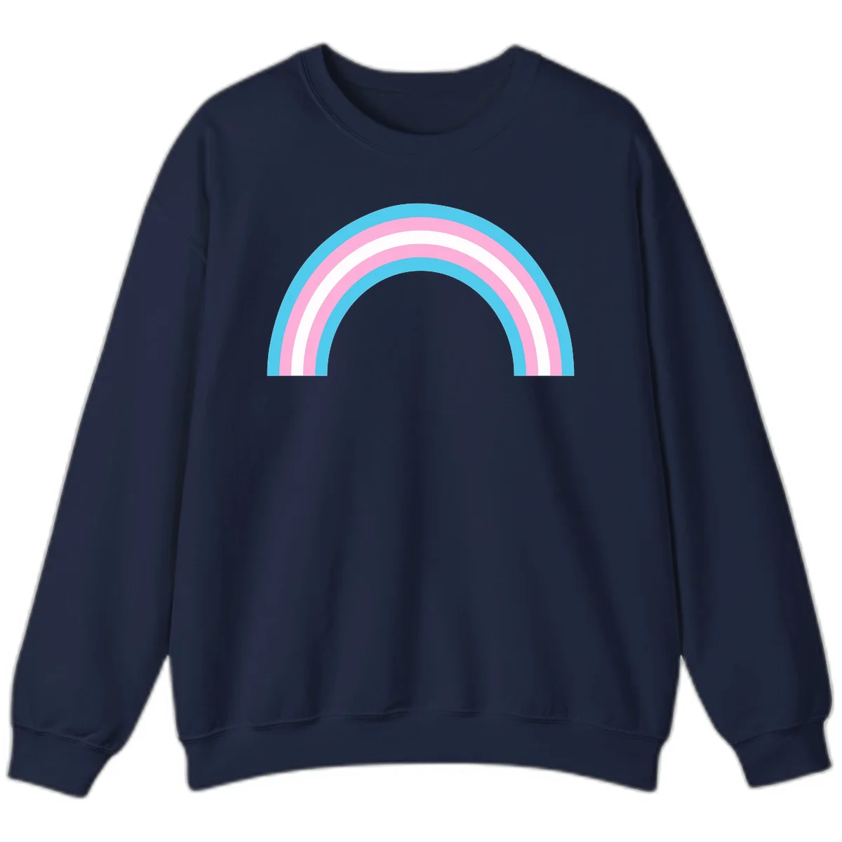 Pastel rainbow arch with five concentric bands in cyan, pink, and white on gray background in Navy