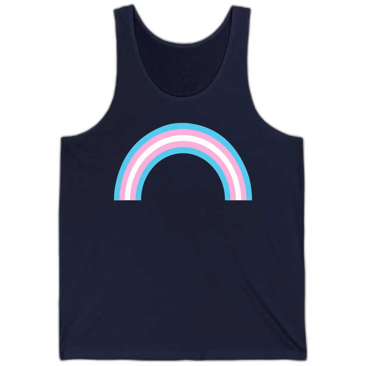 Pastel rainbow arch with five concentric bands in cyan, pink, and white on gray background in Navy