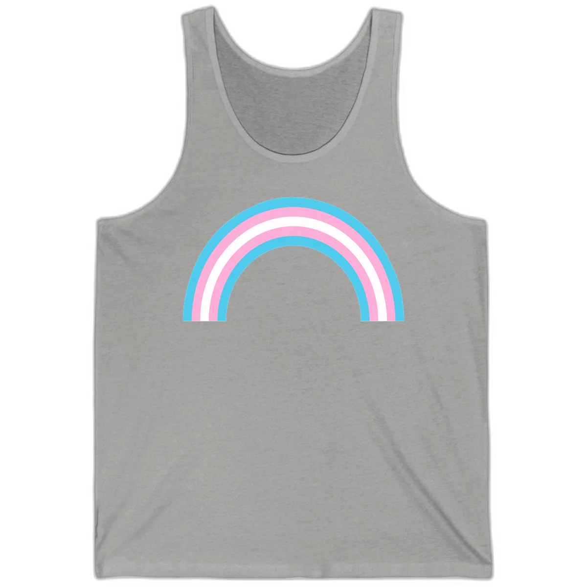 Pastel rainbow arch with five concentric bands in cyan, pink, and white on gray background in Athletic Heather