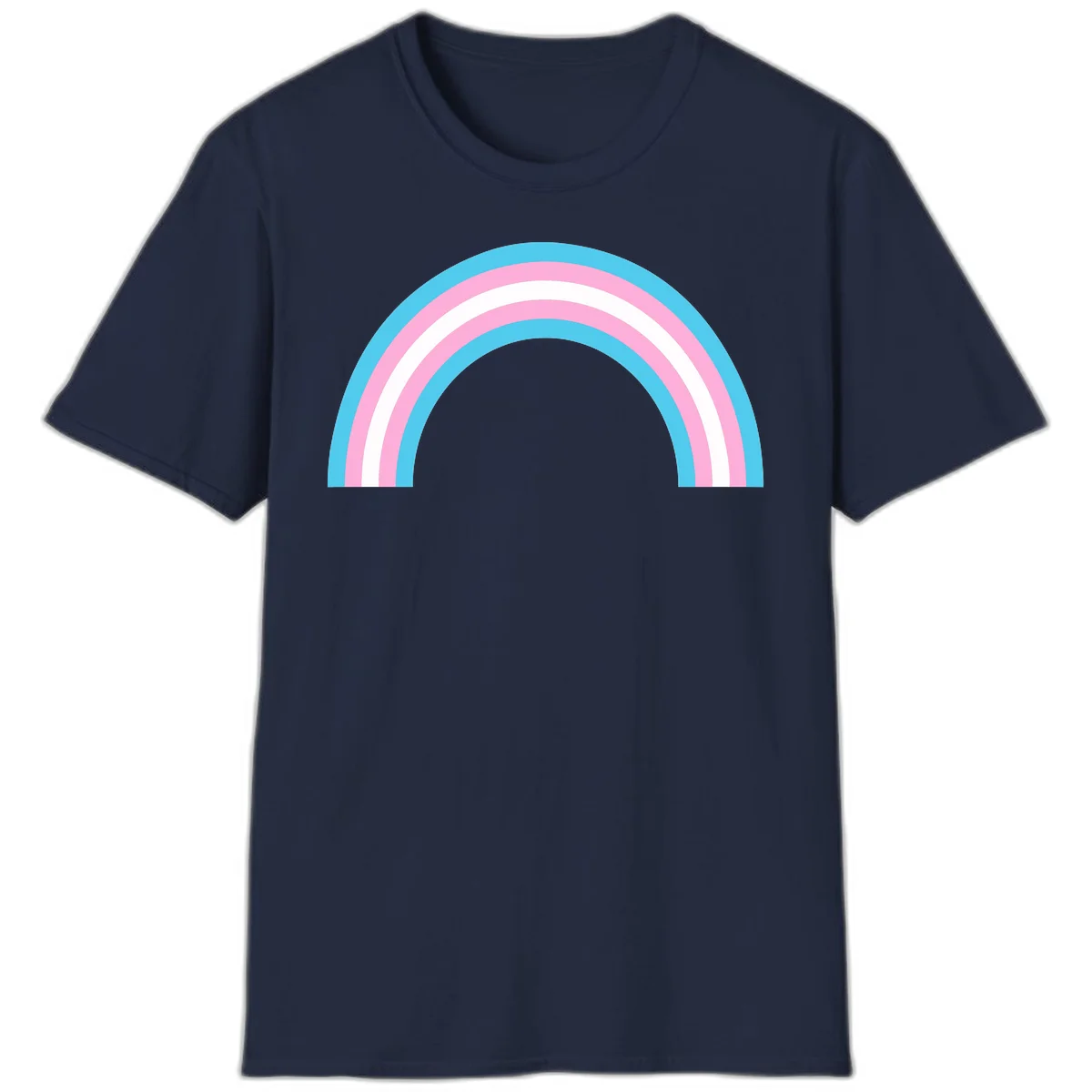 Pastel rainbow arch with five concentric bands in cyan, pink, and white on gray background in Navy