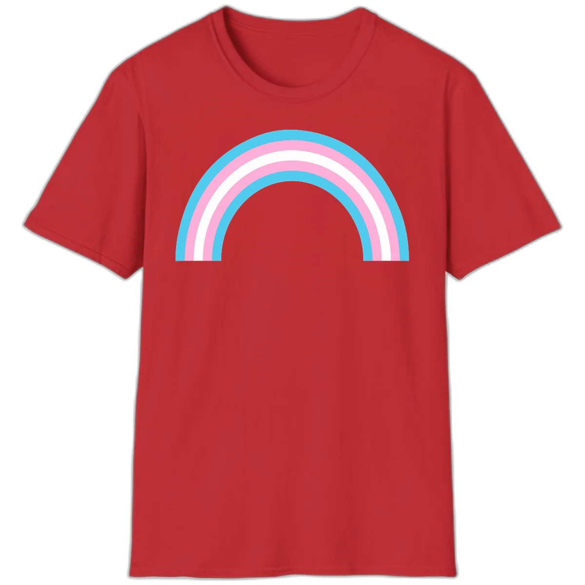Pastel rainbow arch with five concentric bands in cyan, pink, and white on gray background in Red