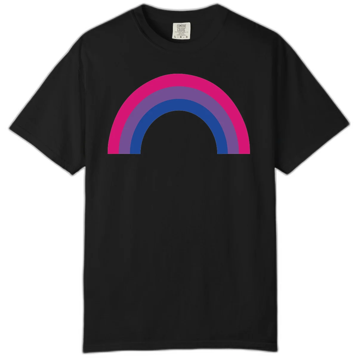 Concentric rainbow arcs design featuring nested magenta, purple, blue and gray semicircles in a modern geometric pattern in Black