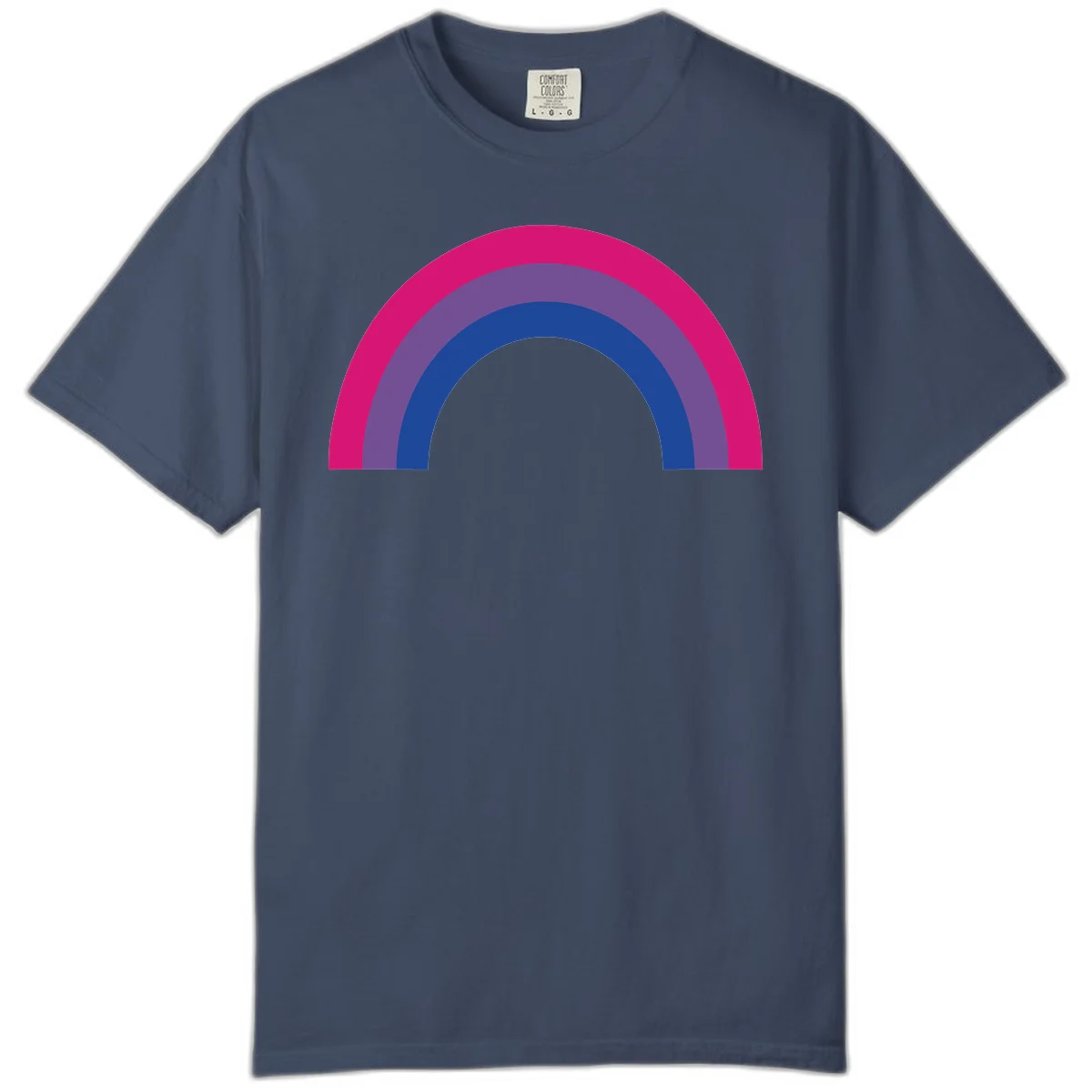 Concentric rainbow arcs design featuring nested magenta, purple, blue and gray semicircles in a modern geometric pattern in Midnight