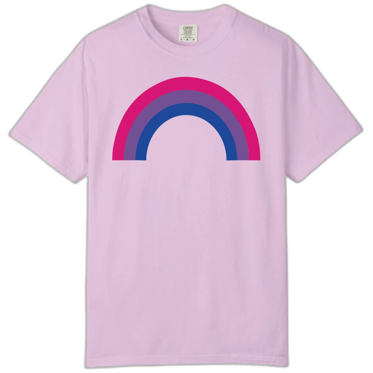 Concentric rainbow arcs design featuring nested magenta, purple, blue and gray semicircles in a modern geometric pattern in Orchid