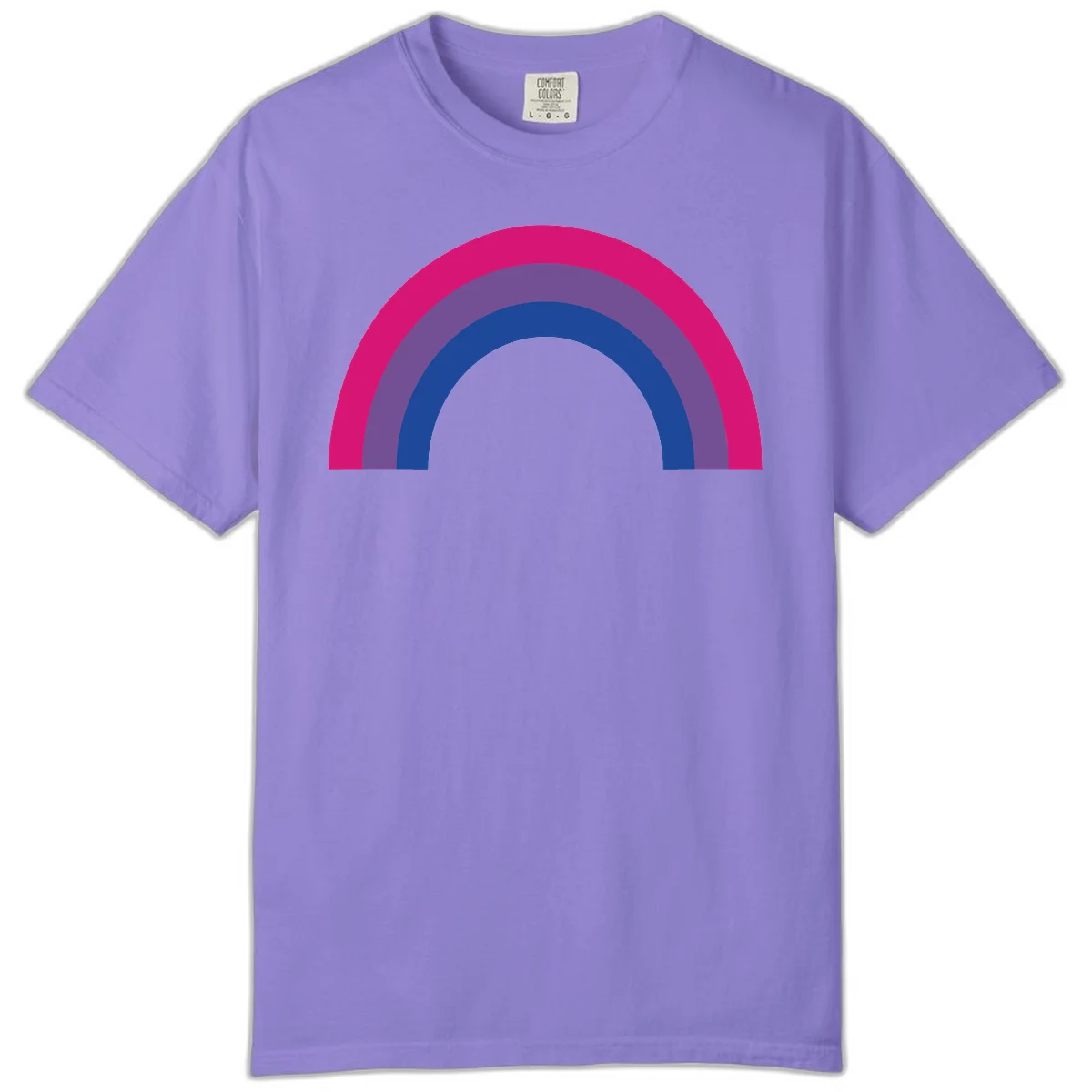 Concentric rainbow arcs design featuring nested magenta, purple, blue and gray semicircles in a modern geometric pattern in Violet