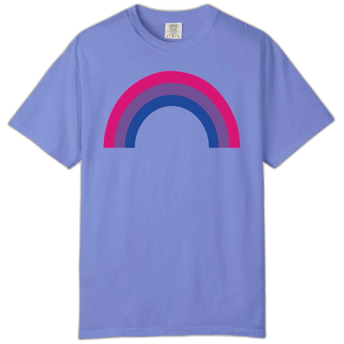 Concentric rainbow arcs design featuring nested magenta, purple, blue and gray semicircles in a modern geometric pattern in Flo Blue