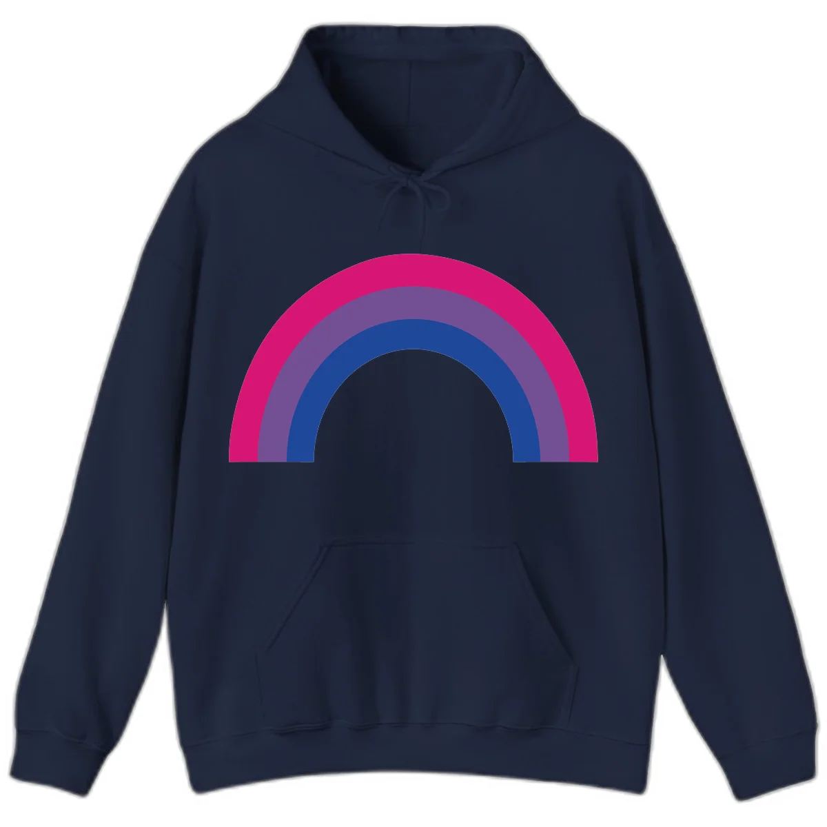 Concentric rainbow arcs design featuring nested magenta, purple, blue and gray semicircles in a modern geometric pattern in Navy