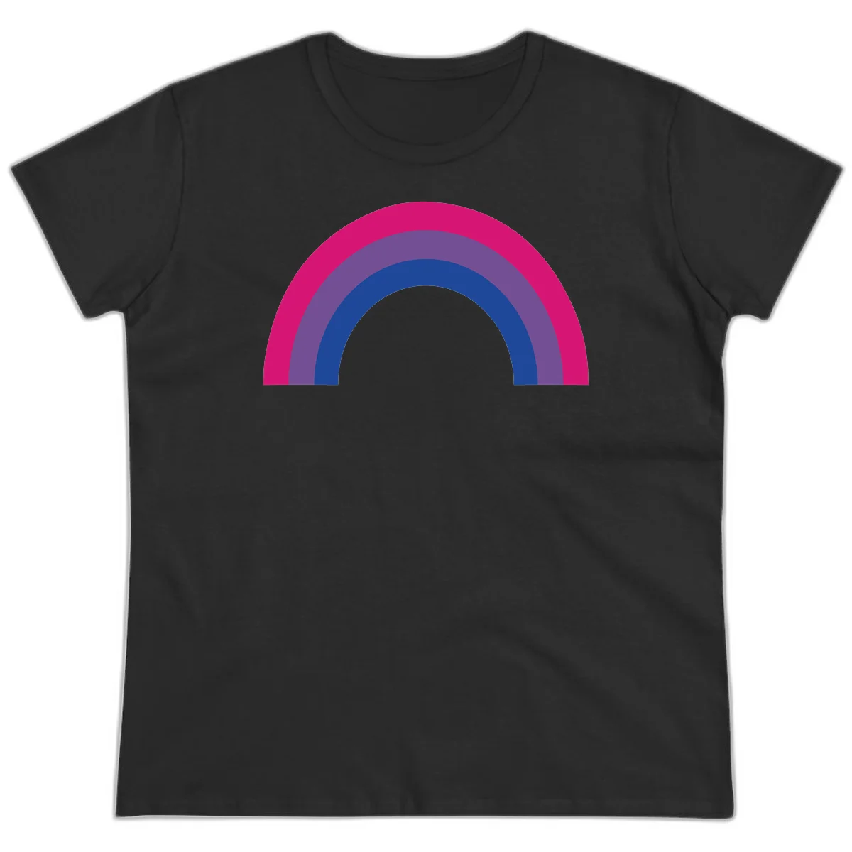 Concentric rainbow arcs design featuring nested magenta, purple, blue and gray semicircles in a modern geometric pattern in Black