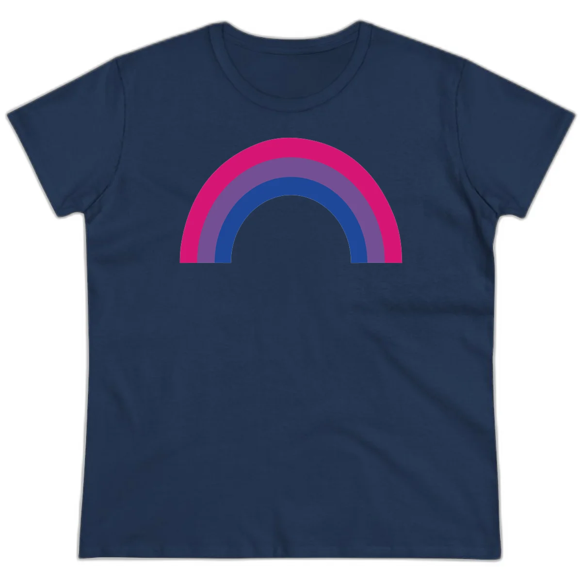 Concentric rainbow arcs design featuring nested magenta, purple, blue and gray semicircles in a modern geometric pattern in Navy