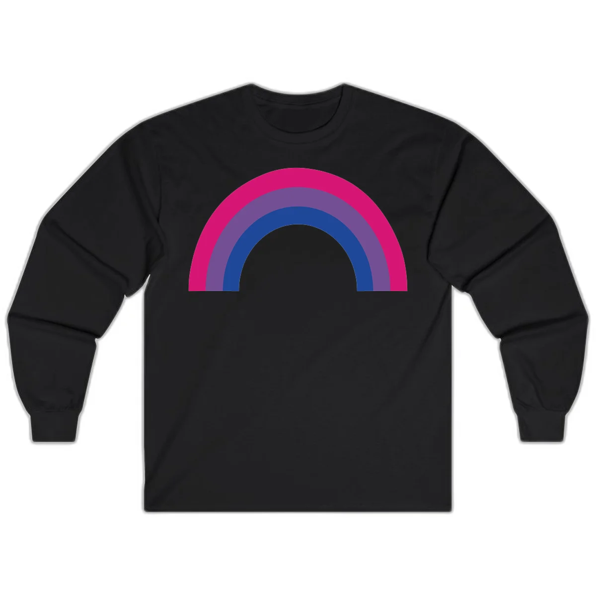 Concentric rainbow arcs design featuring nested magenta, purple, blue and gray semicircles in a modern geometric pattern in Black