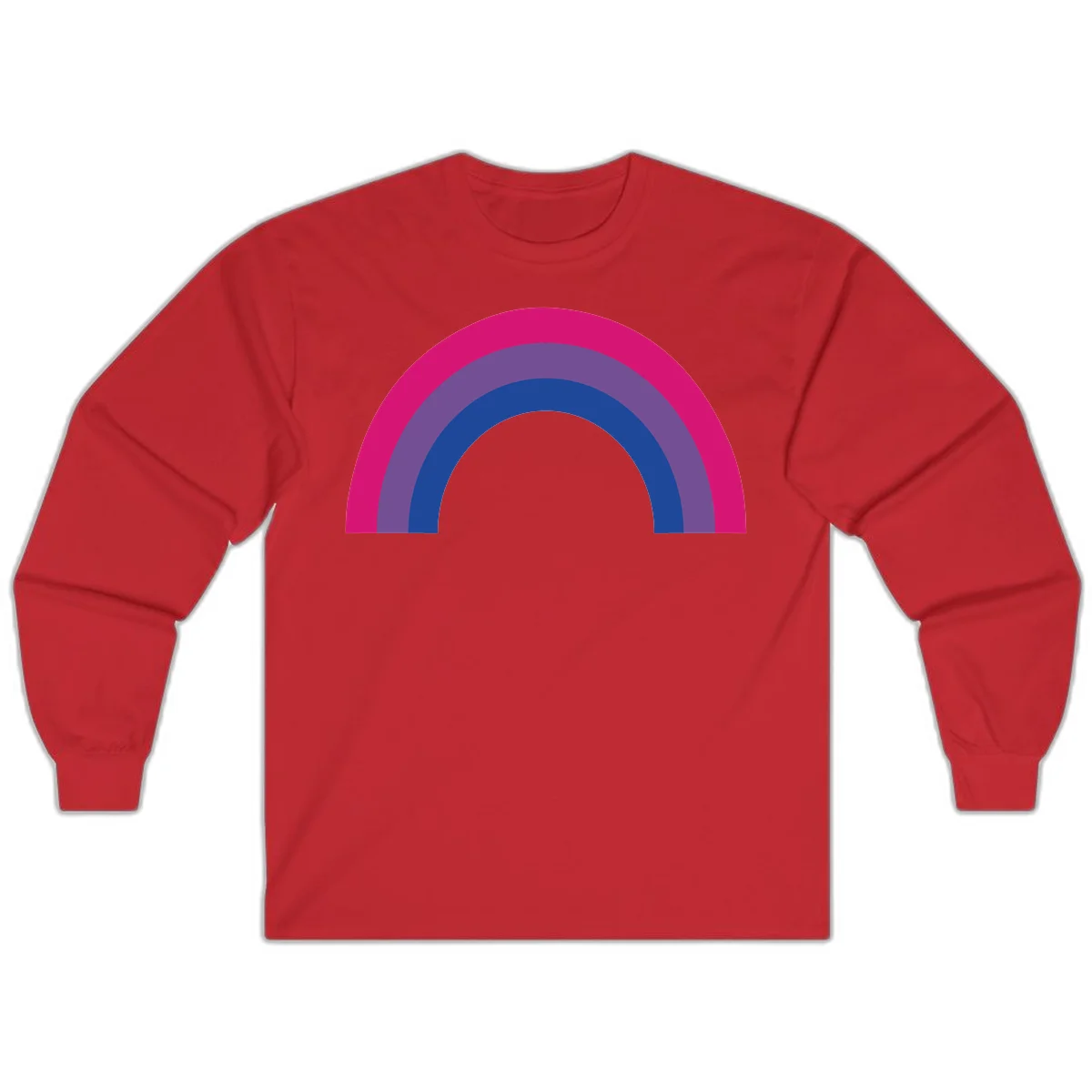 Concentric rainbow arcs design featuring nested magenta, purple, blue and gray semicircles in a modern geometric pattern in Red