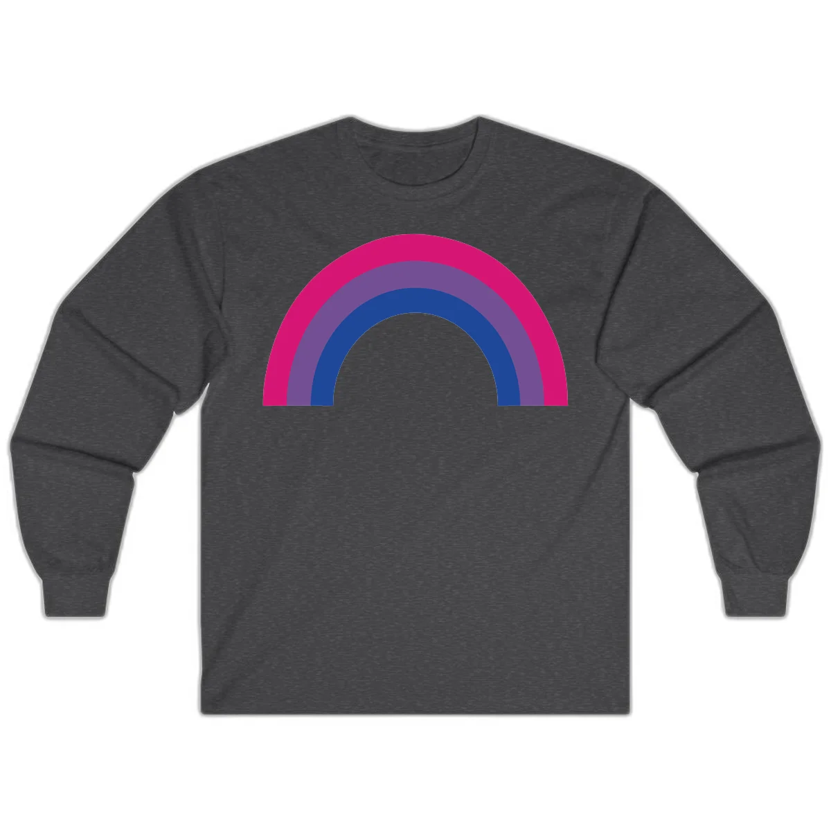 Concentric rainbow arcs design featuring nested magenta, purple, blue and gray semicircles in a modern geometric pattern in Dark Heather